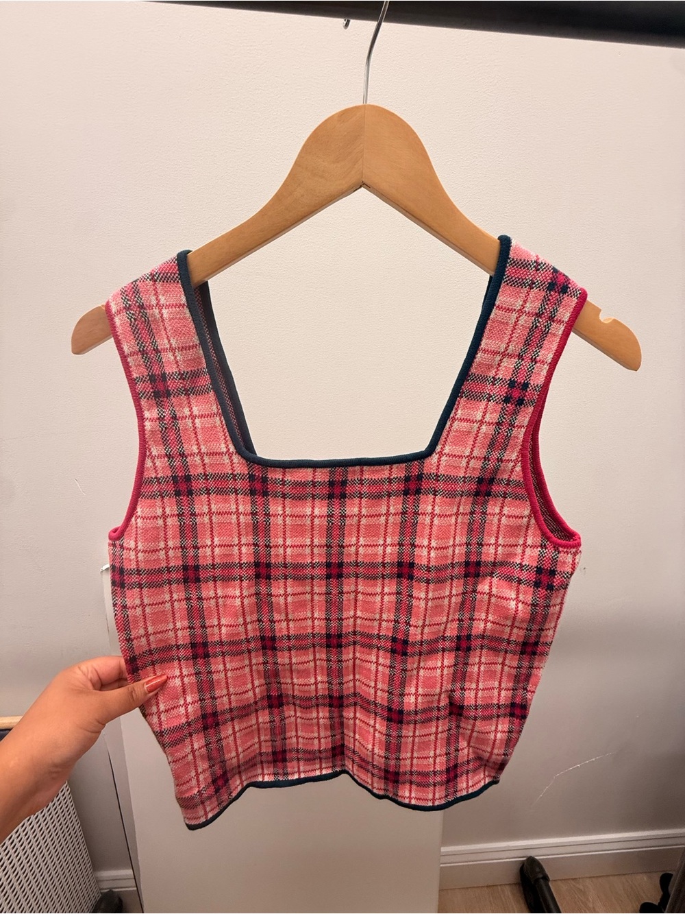 Pink Plaid Square Neck Women's Tank Top